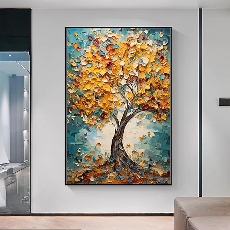 Wandbild Leinwanddruck – Blaue Blumen Und Bäume, 60x120 Cm, Mit Rahmen, Für Wohnzimmer, Schlafzimmer Oder Büro