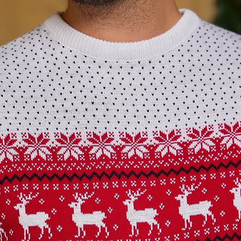 Maglione Di Natale Divertente Uomo - Stampa Fiocchi Di Neve E Alce, Maniche Lunghe, Rosa, Taglia XL