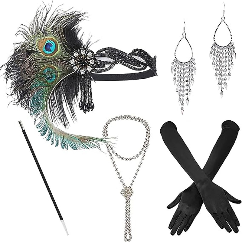 Juego De Accesorios Años 20 Gran Gatsby Fepito Para Mujer - 9 Piezas (Diadema, Collar, Guantes, Etc