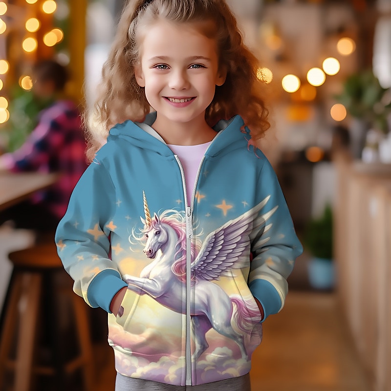 Girls 3D Unicorn Hoodie Coat Outerwear Long Sleeve 3D Print Fall Winter Active Fashion Cute Polyester Kids 3 12 Years Outdoor Casual Daily Regular Fit 2024 17.49