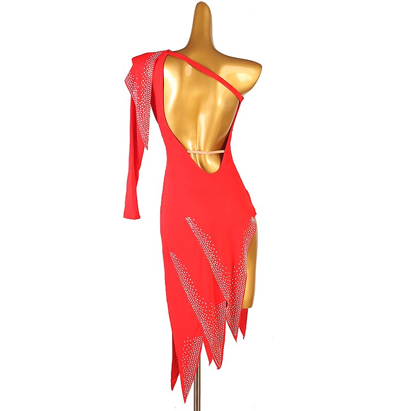 Dance Salsa Latin Dance Dress Pure Color Splicing Crystals