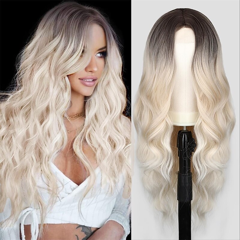 Lange Ombré-Perücke Mit Pony – Gewellte Blondine Mit Dunklen Wurzeln, 66 Cm, Hitzebeständig – Für Alltag & Party