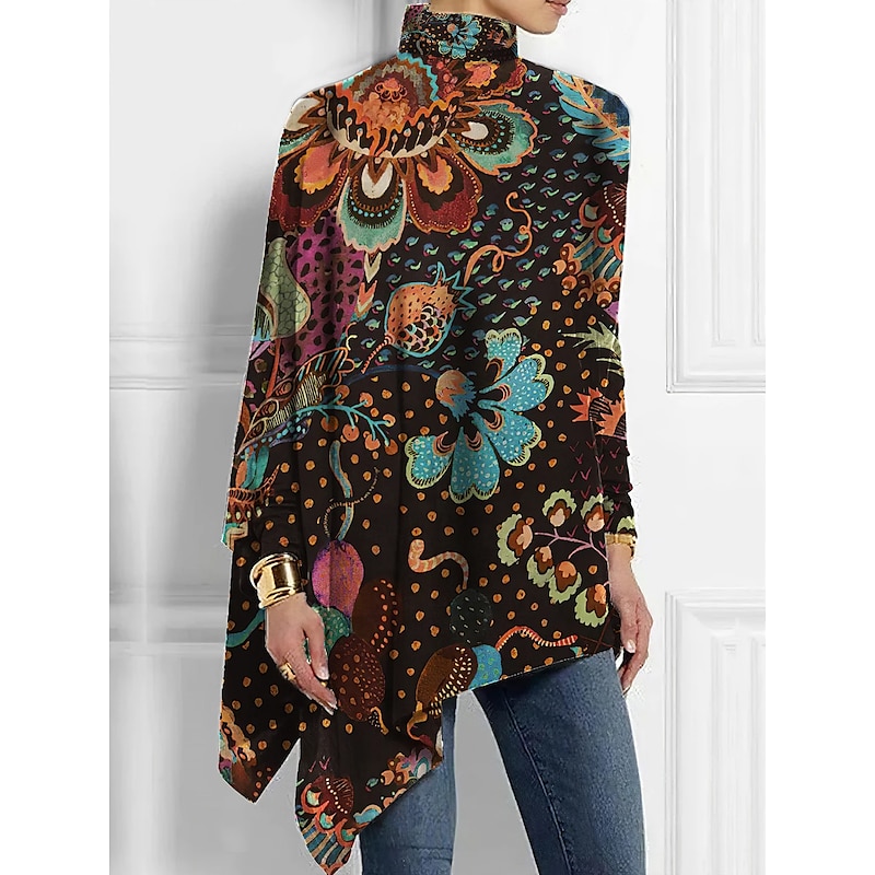 Women's T Shirt Floral Fashion Long Sleeve High Neck Long