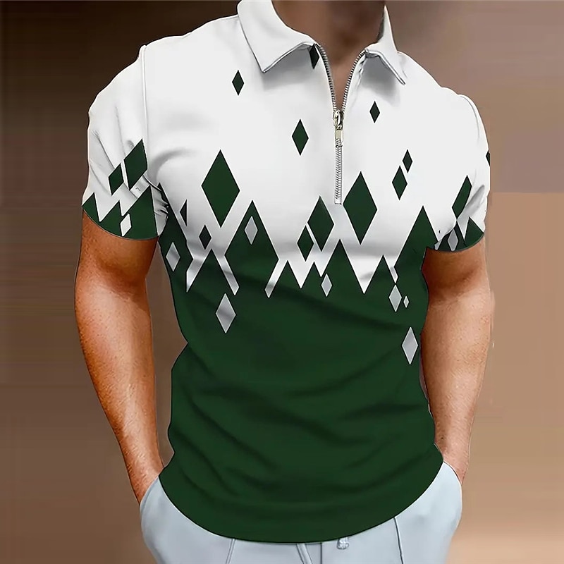 Men's Geometric Zip Polo Shirts Golf Shirt Short Sleeve Polo