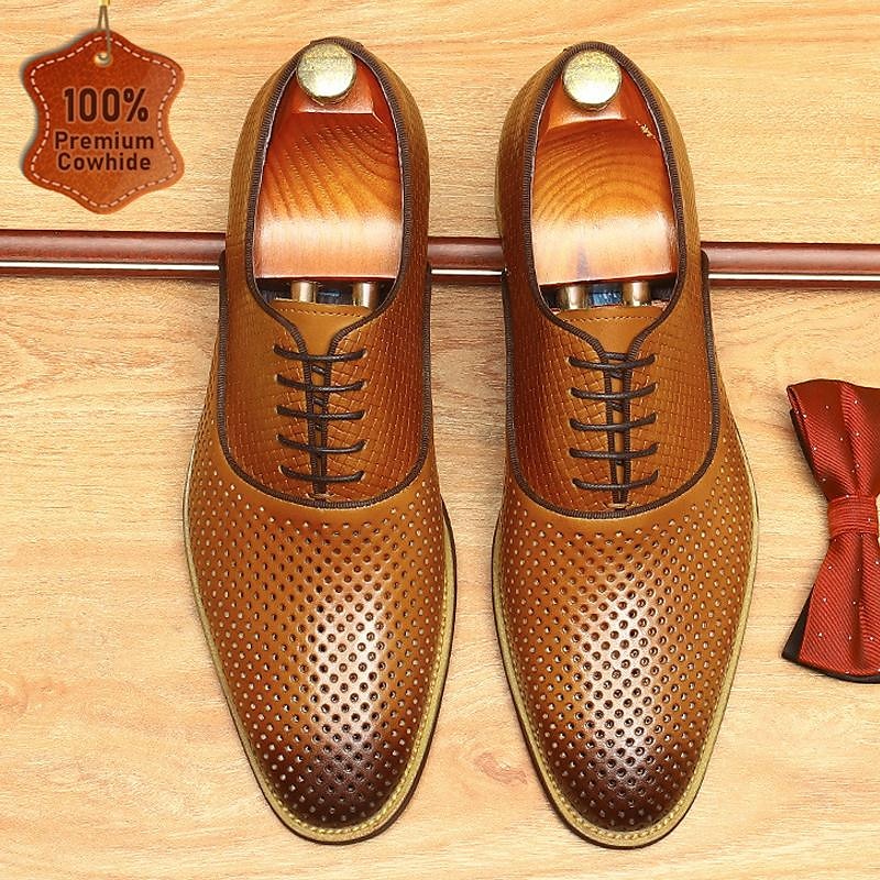 Men's Dress Shoes Perforated Brown Leather Sleek Lace-Up