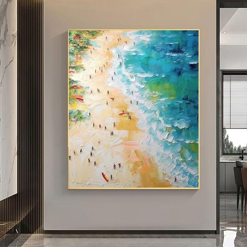 2026年 手作り油絵キャンバス壁アート装飾抽象夏海景絵画ビーチ海の家