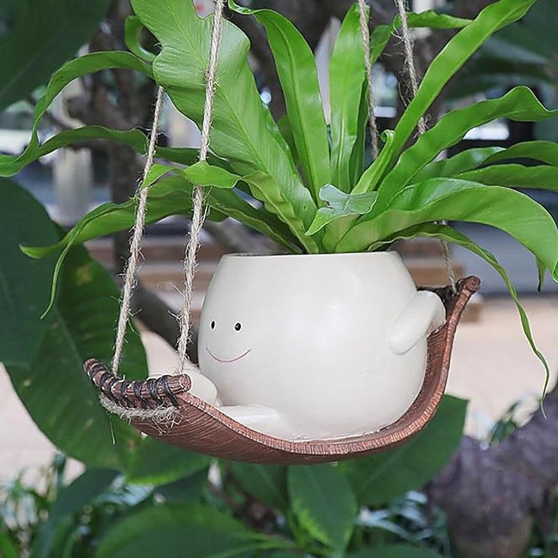 Kasmole Fioriera Face, vaso oscillante per piante | Simpatico vaso per piante nano in resina da appendere,Vasi per fioriere altalenanti per piante con filo di perle, fioriere per piante grasse