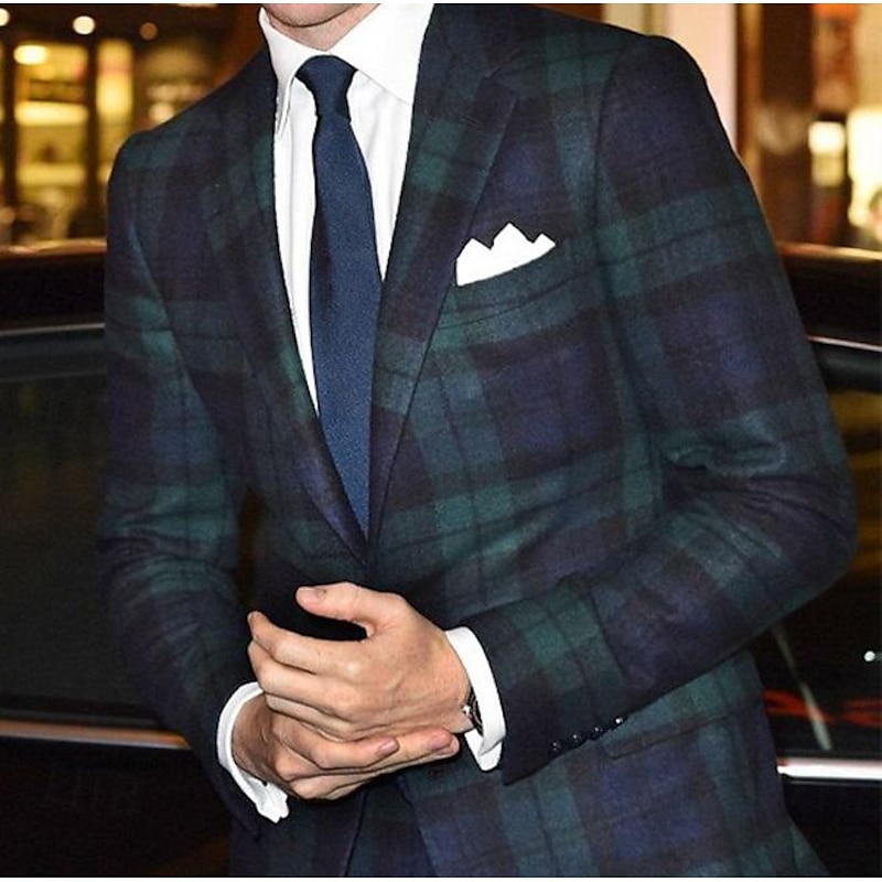 Men s Plaid Office Blazer Jacket Regular Tailored Fit Checkered Single Breasted Two buttons Green 2024 2024 68.99