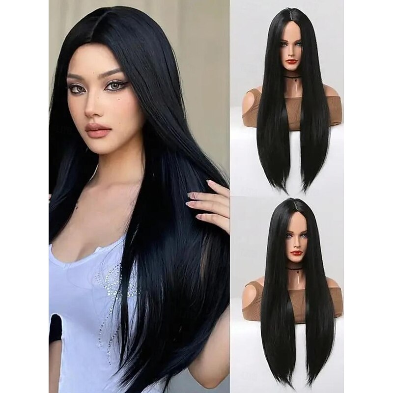 Synthetic Wig Straight Middle Part Wig 28 inch Black