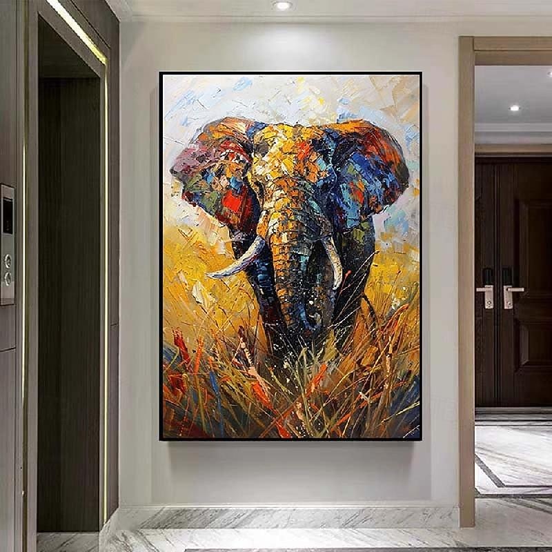2026年 キャンバスに描かれた抽象的なカラフルな象の油絵、カップルの