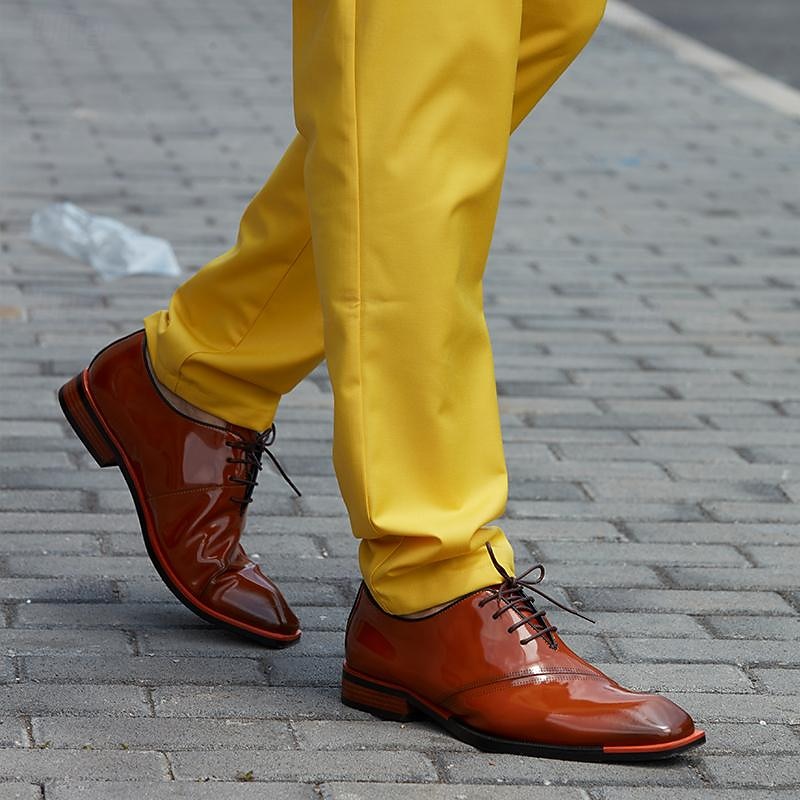 Café Zapatos Amarillos Piel Hombre Zapatos De Vestir Cuero Piel De