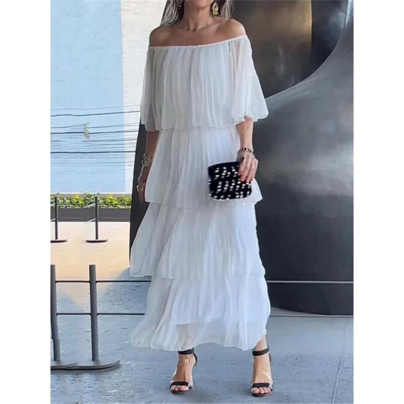 Women's White Dress Maxi Dress Chiffon Ruffle Layered Date