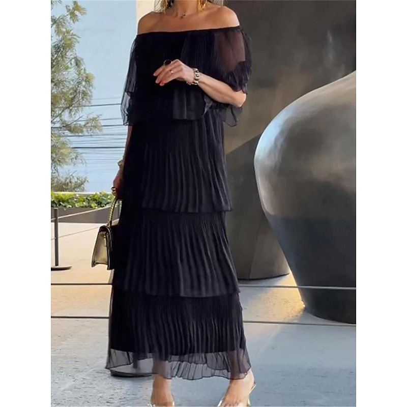 Women's White Dress Maxi Dress Chiffon Ruffle Layered Date