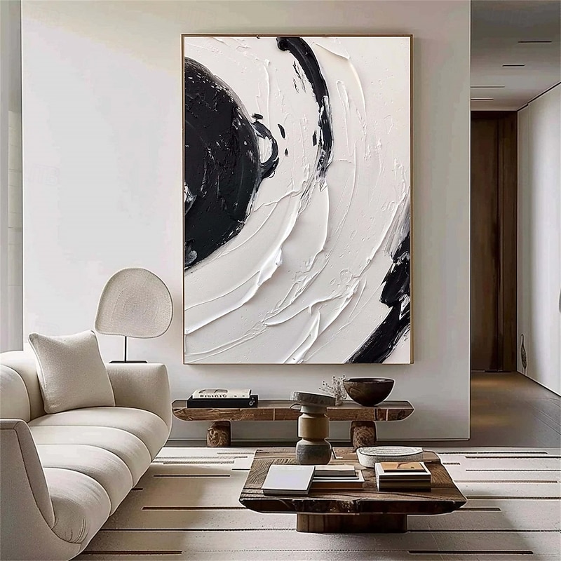 2025年 大きな黒い波の絵、手描きの黒い抽象画、手作りの白黒