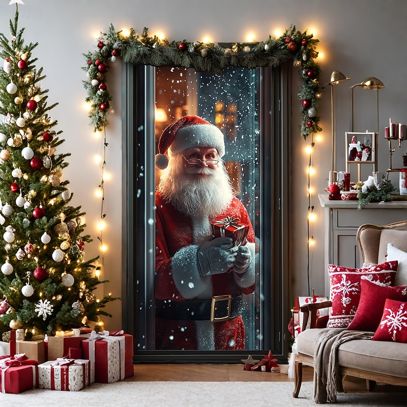 Cortina Decorativa Para Puerta De Papá Noel - Tapiz Navideño De Poliéster 3x5 Cm, Ideal Para Fiestas Y Decoración De Navidad