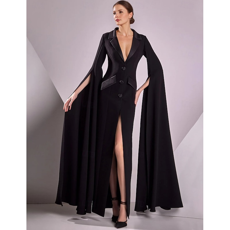 Women's Tuxedo Dress Sheath Formal Satin Elegant Black Dress 3/4