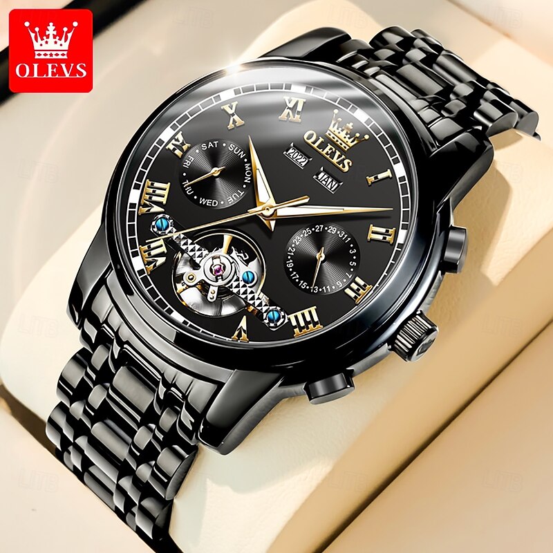 OLEVS Orologio da uomo con grande quadrante e data, impermeabile, meccanico, in acciaio inossidabile, di lusso, completamente automatico, orologio meccanico, 6650-verde dorato, Moderno