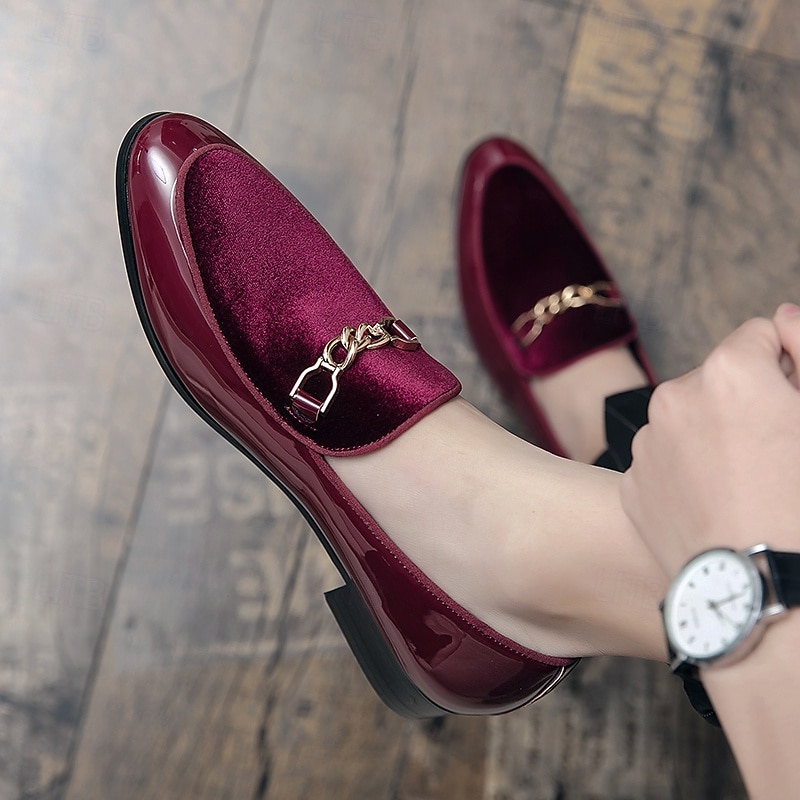 Velvet Loafers Men Mens Burgundy Suede Dress Shoes Men's Burgundy Velvet  Loafers With Gold Chain Detail