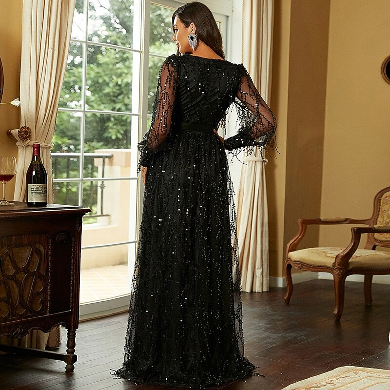 Party Fancy Womens Dress Clearance Deep Plunge Formal Dress New Arrivals  Black Sequin Deep Plunge Neckline