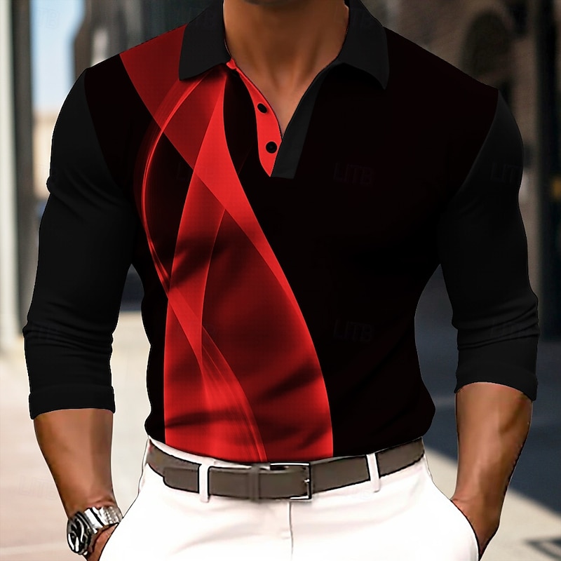 Men's Striped Waffle Polo Shirts Long Sleeve Polo Shirts