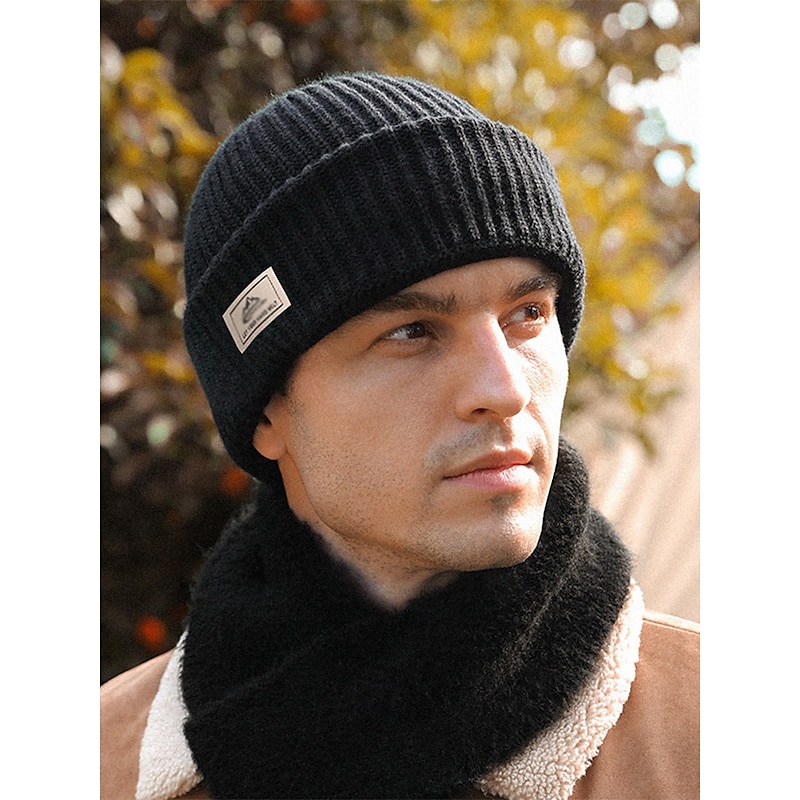 Men's Black Knitted Beanie with Removable Balaclava - Warm