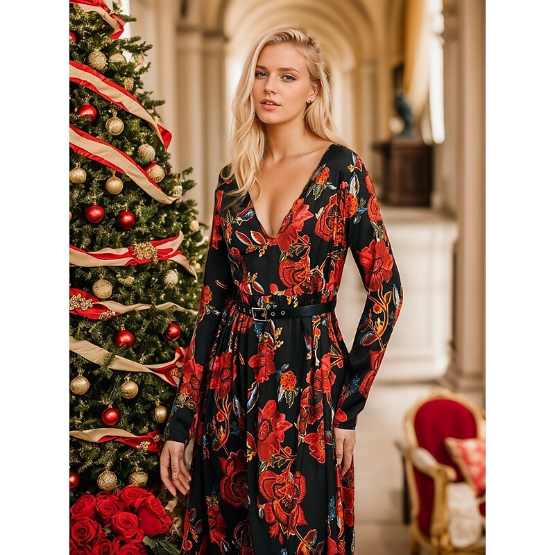 花柄 Vネック マキシドレス 花柄ワンピース Vネック 全2色[品番：JSFW0011086]｜JS FASHION