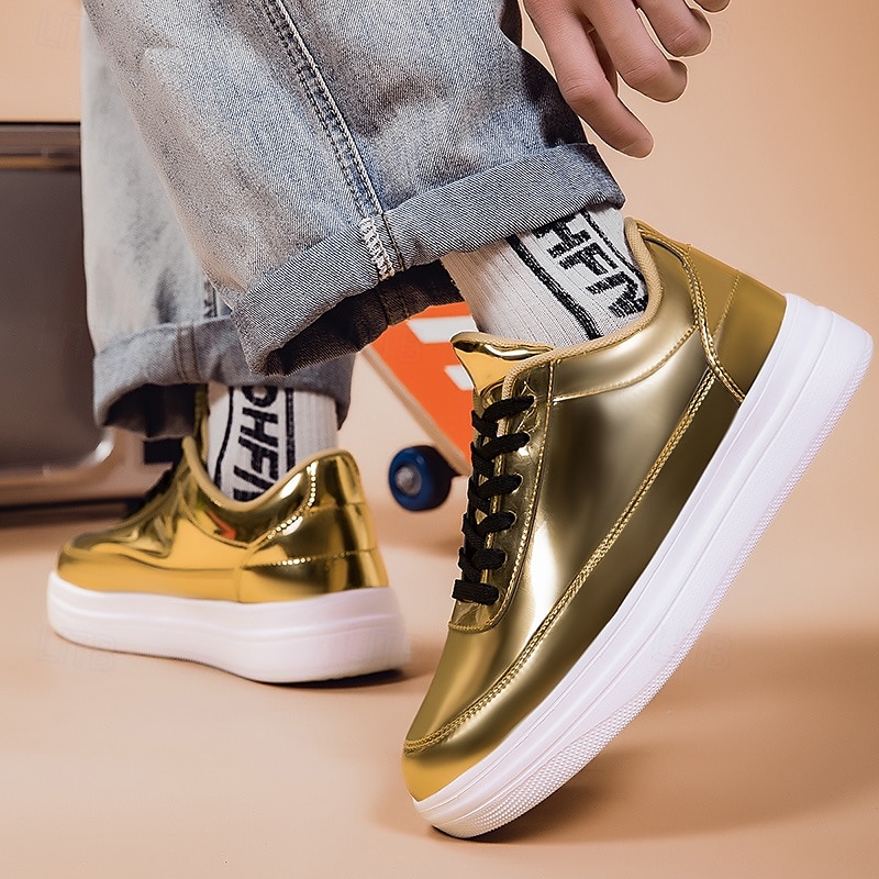 Men's Gold Metallic Low-Top Sneakers – Stylish Lace-Up Shoes
