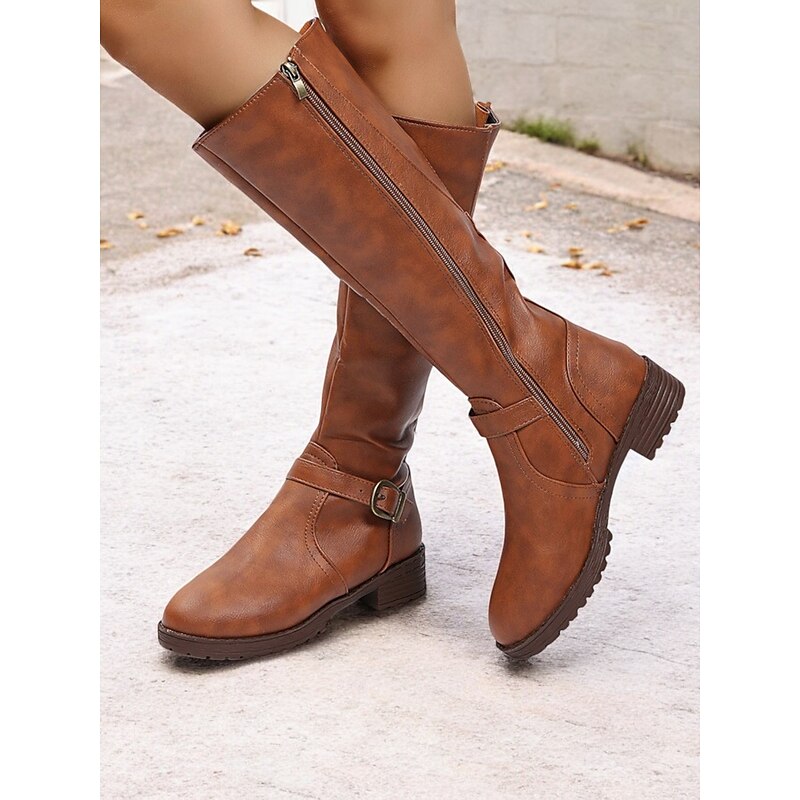 ダウンジャケット・コート Brown Leather Knee High Boots Women Knee High Boots Fashion Low Heels Square Platform Long