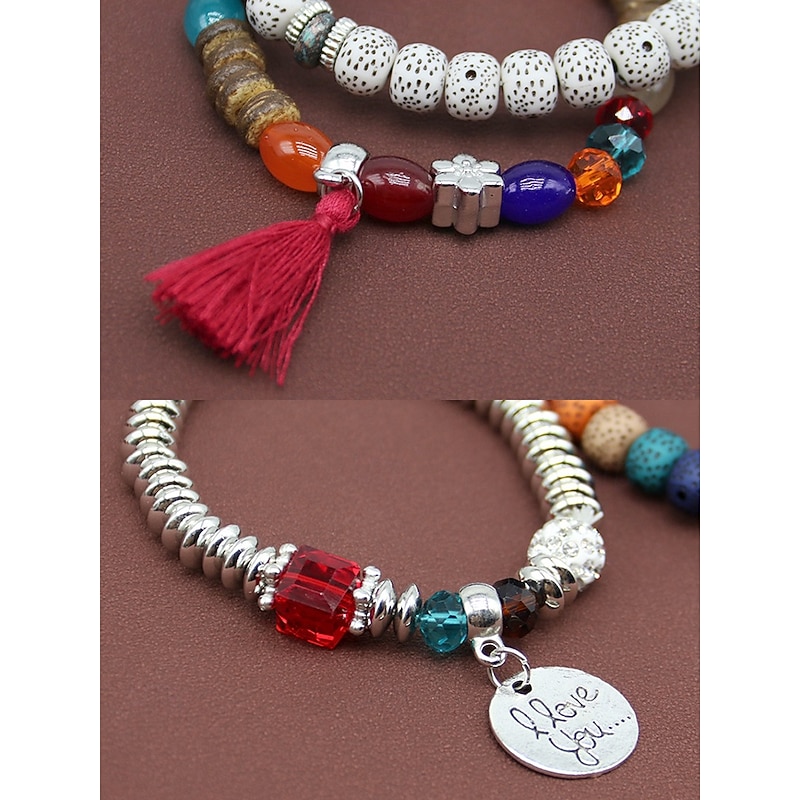 Set da 4 braccialetti da donna in stile bohémien, in legno con perline