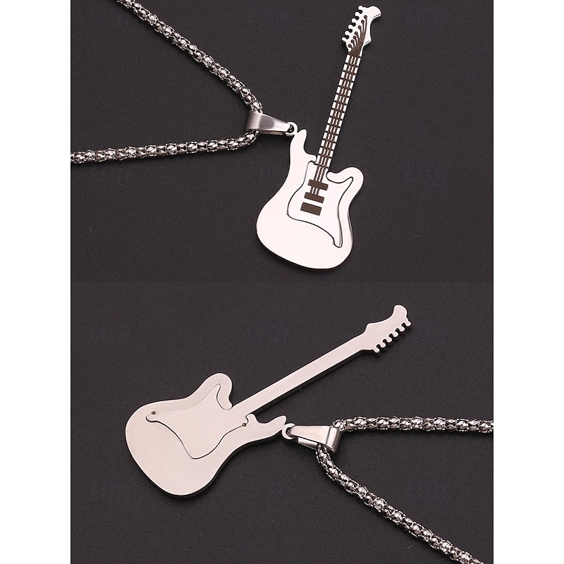 Collana Con Ciondolo Chitarra In Tono Argento O Oro Nero - Uomo/Donna/Unisex