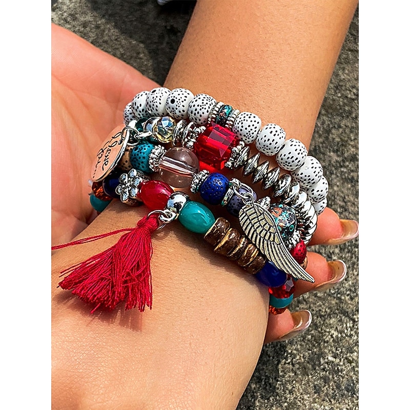 LUBINGSHINE Set Di 4 Braccialetti Bohémien Multistrato Con Perline E Ciondolo Cuore - Gioielli Etnici Impilabili Donna