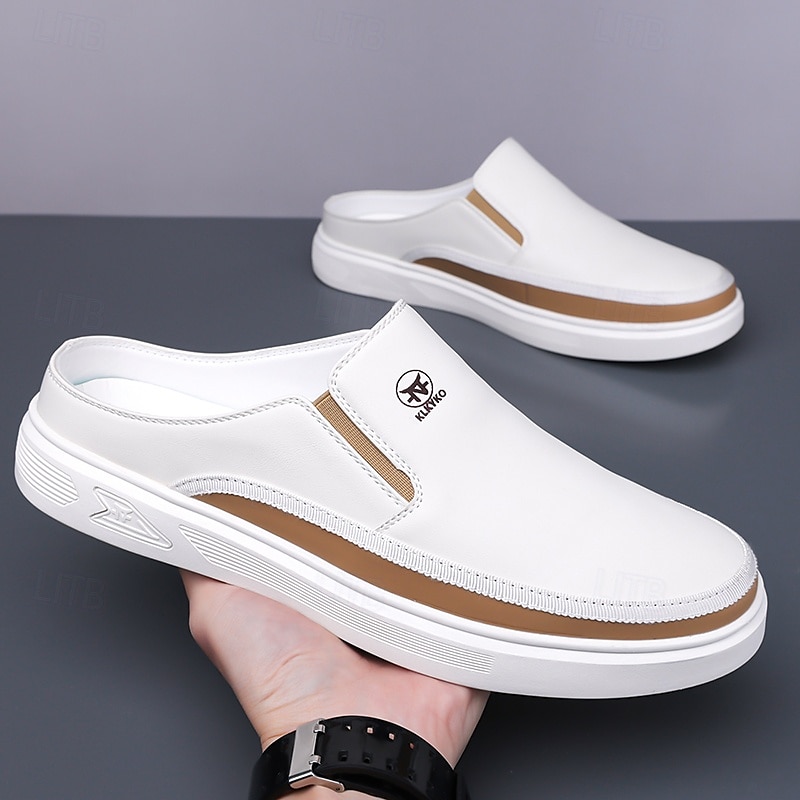 Men's White Mule Shoes – Stylish Slip-On Design with Brown