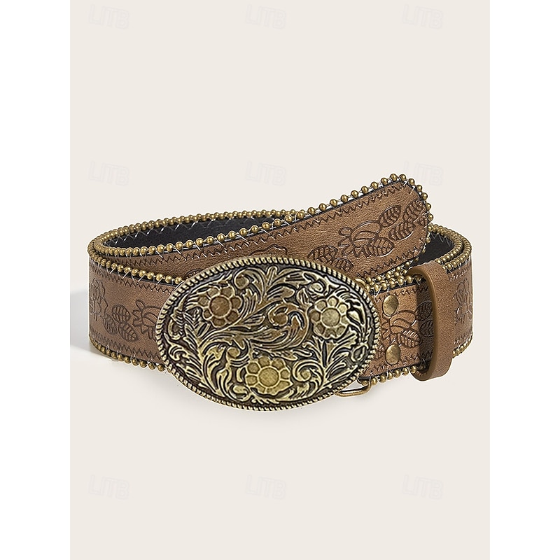 Cintura Donna Boho Con Grande Fiore In Pelle PU - Stile Vintage, Regolabile, Lunga 210 Cm, Colore Oro
