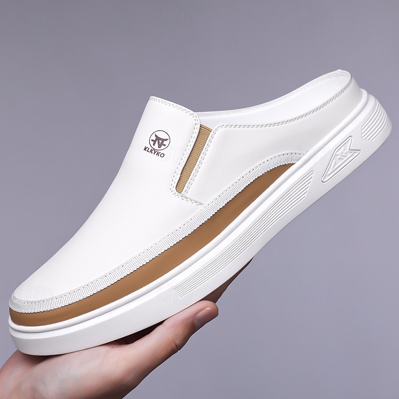 Men's White Mule Shoes – Stylish Slip-On Design with Brown