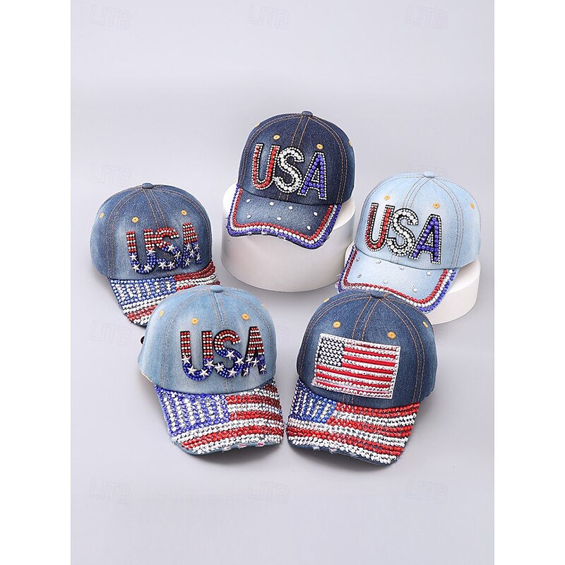 USA Dopamine Rhinestone Baseball Cap Denim Patriotic Glam Hat America 250 Festiv jsdtmb1745746874210.jpg main image 2