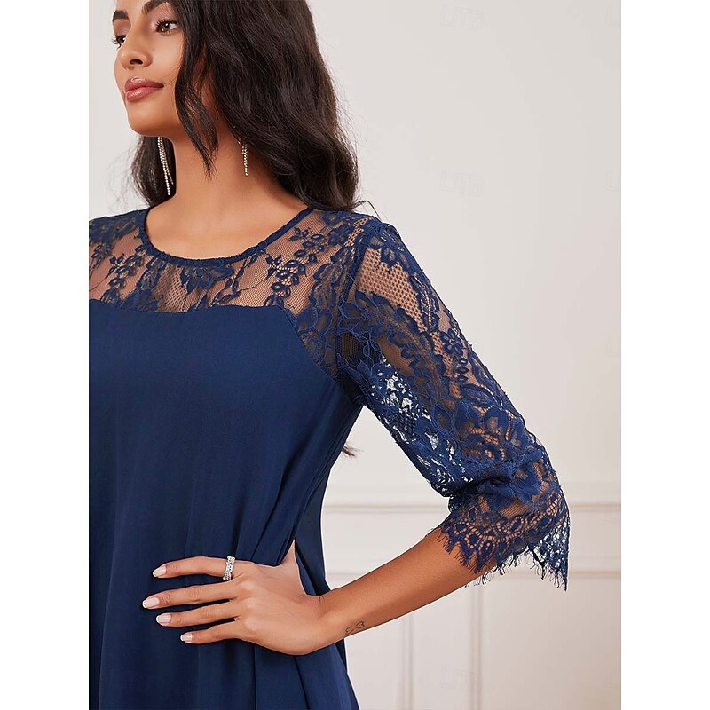 three quarter sleeve chiffon overlay navy lace dress Women's Wedding Guest Dress Plain Dress Midi Dress Lace Chiffon Patchwork  Casual Crew Neck 3/4 Length Sleeve Cocktail Dresses Formal Dresses Blue  Color 2026