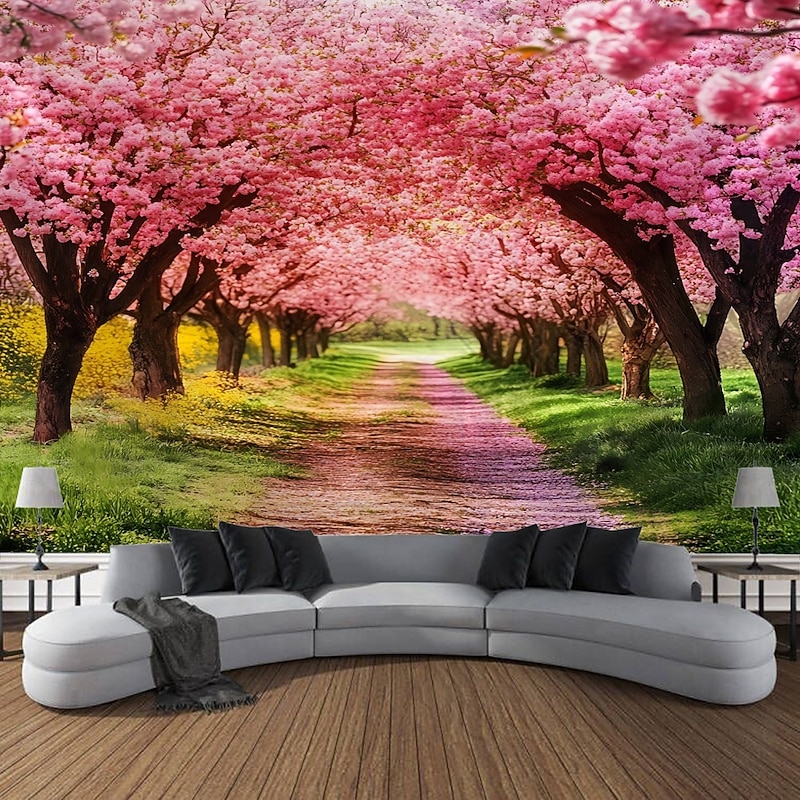 2026年 ピンクの花の森の風景吊り下げタペストリー壁アート大きな