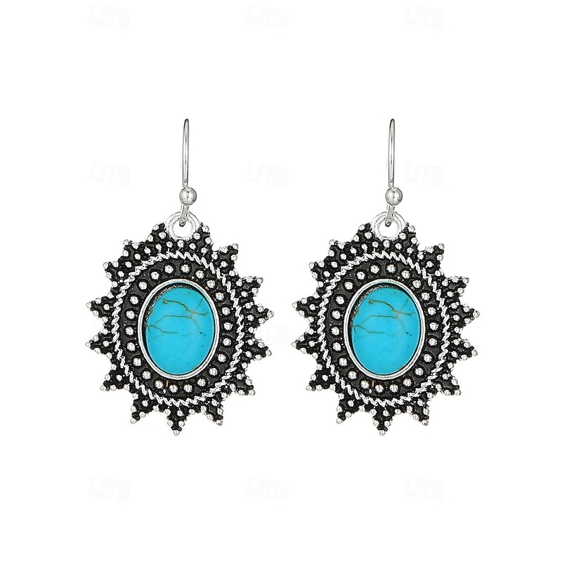 Orecchini Pendenti Vintage Con Turchese E Fiori Cavi In Argento - Gioielli In Pietra Naturale