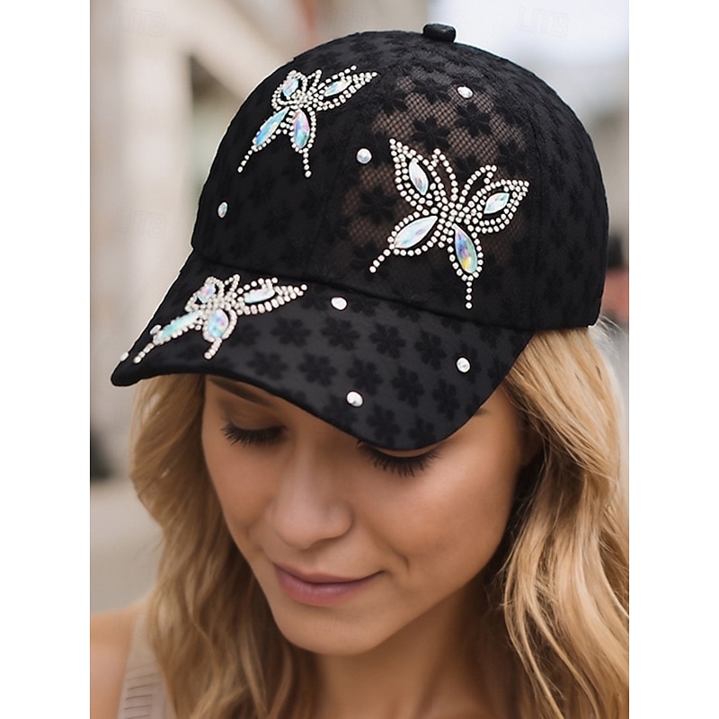 Boho Floral Rhinestone Mesh Breathable Baseball Cap Elonmo Womens Lace Flowers Baseball Cap with Jewel  main image 3