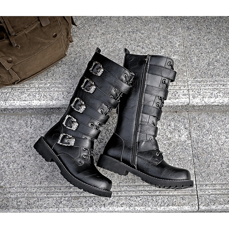 Men's Knee High Boots with Multi Buckle Straps and Lace-Up Design