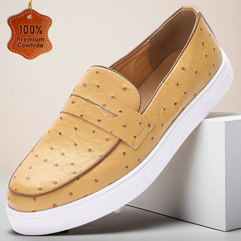 Taino Yellow Ostrich Embossed Leather Slip On Loafer Shoes Inner Sole Sz 11 Mens il_fullxfull.5261292779_7zn6.jpg main image 3
