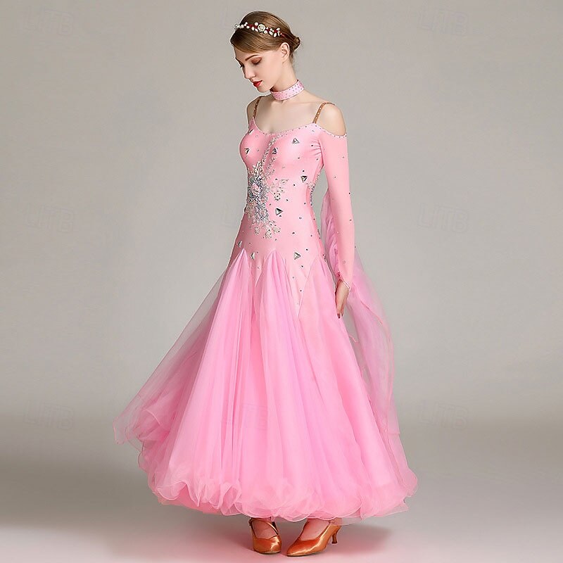 Women's Ballroom Dance Dress Rhinestone Off Shoulder Layered Tulle Elegant  Waltz Tango Foxtrot Competition Performance Gown  Light Pink 2026 - $225.69