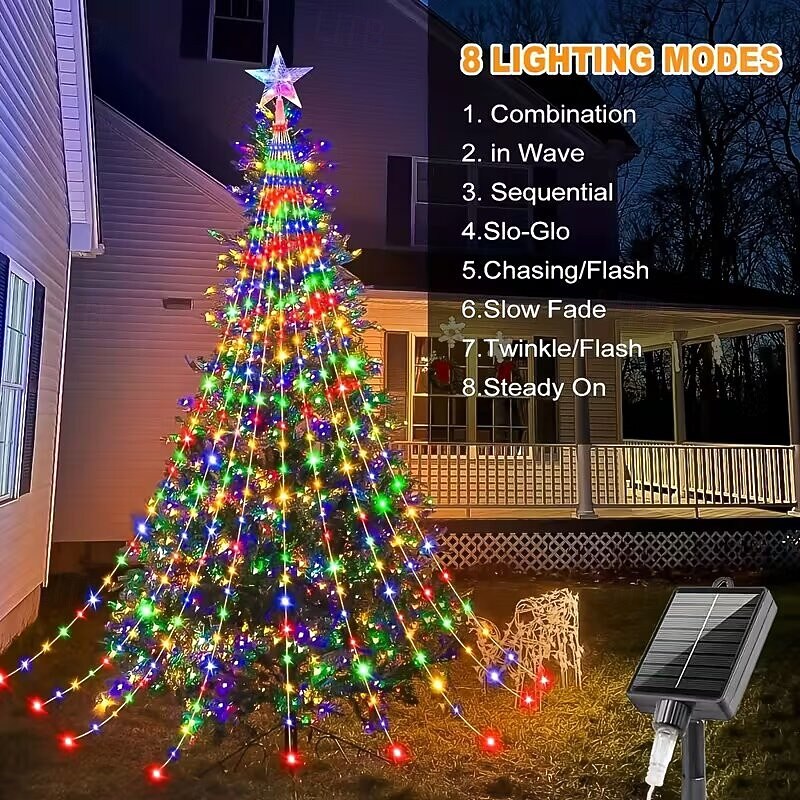 Luces Solares Para árbol De Navidad Aofonchy - 2 Metros, 198 LEDs, Impermeables, 8 Modos, Control Remoto, Ideal Para Decorar Jardín Y Fiestas