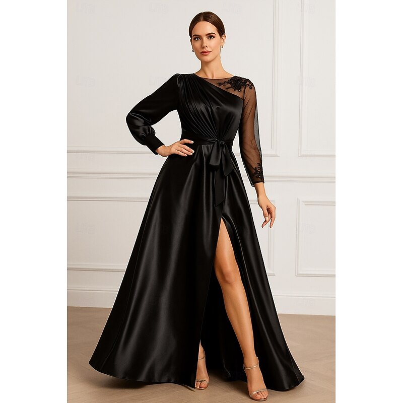 Classy Elegant Formal Black Dress Women's Long Party Gowns A-Line Floor  Length Evening Gown Ball Gown Formal Dress Elegant High Split Long Sleeve  Illusion Neck Wedding Formal Pocket Satin With Ruched ...