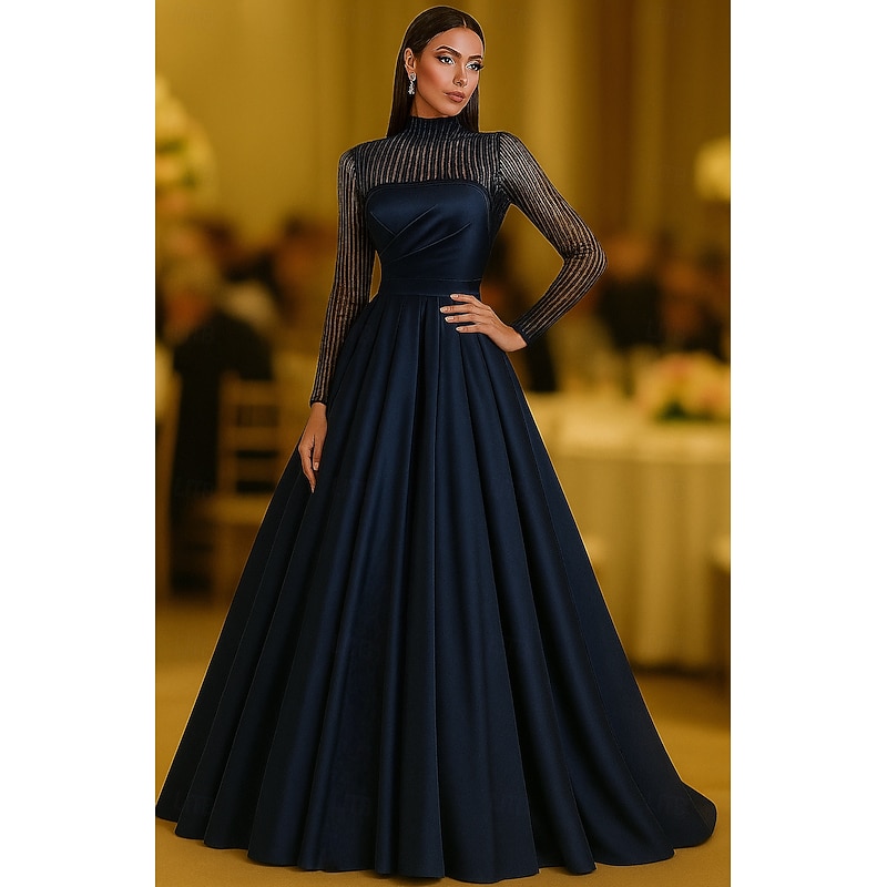 A-Line Floor Length Beaded Eembroidered Formal Dresses Mother of the Bride Dress  Evening Gown Formal Dress Elegant Glittering Long Sleeve High Neck Wedding  Formal Pocket Satin Sequined with Glitter 2026 - $206.99