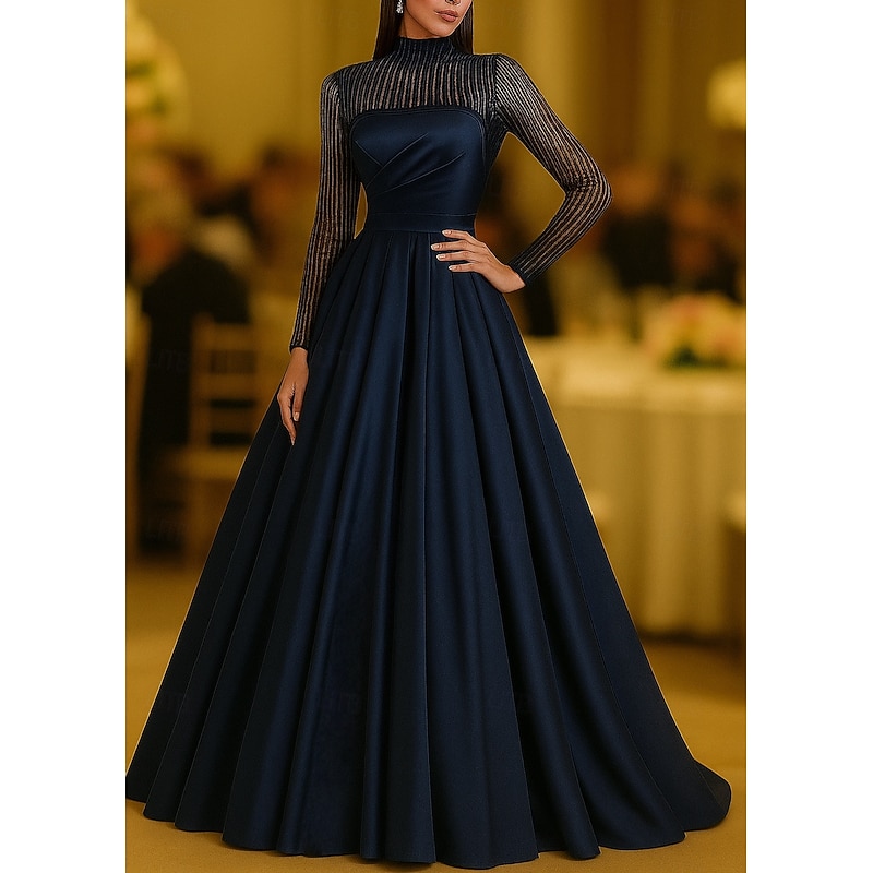 A-Line Floor Length Beaded Eembroidered Formal Dresses Mother of the Bride Dress Evening Gown Formal Dress Elegant Glittering Long Sleeve High Neck