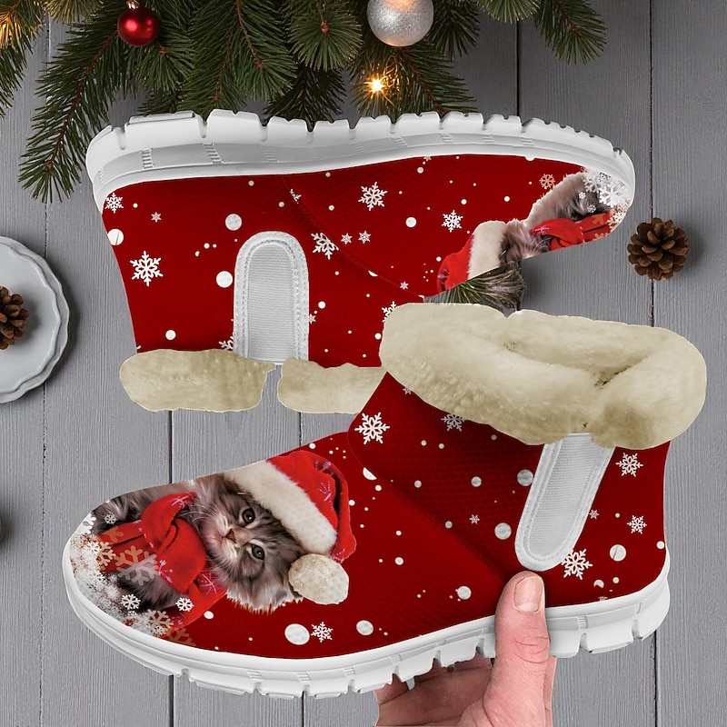 Women's Christmas Warm Fur-Lined Boots with Cute Santa Cat Print