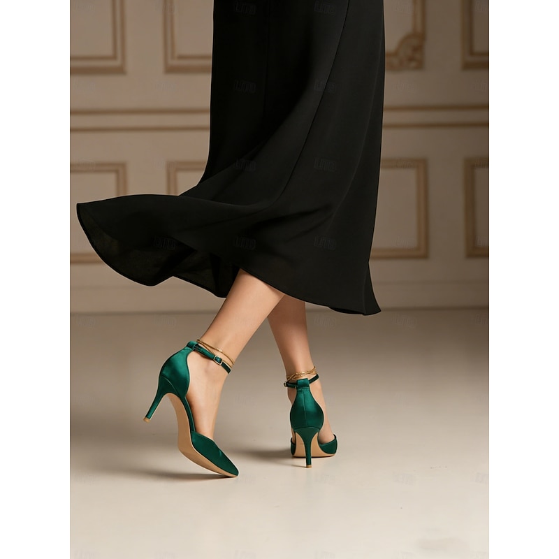 Women's Emerald Green Satin Ankle Strap Heels - Elegant Pointed-Toe  Stiletto for Parties, Weddings, and Special Occasions 2026 - $59.99