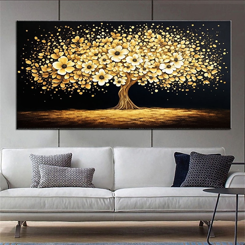 油彩画 金色の木 テクスチャーアート 2026年 金色の抽象的な木の絵、金色の花のキャンバスのテクスチャ絵画