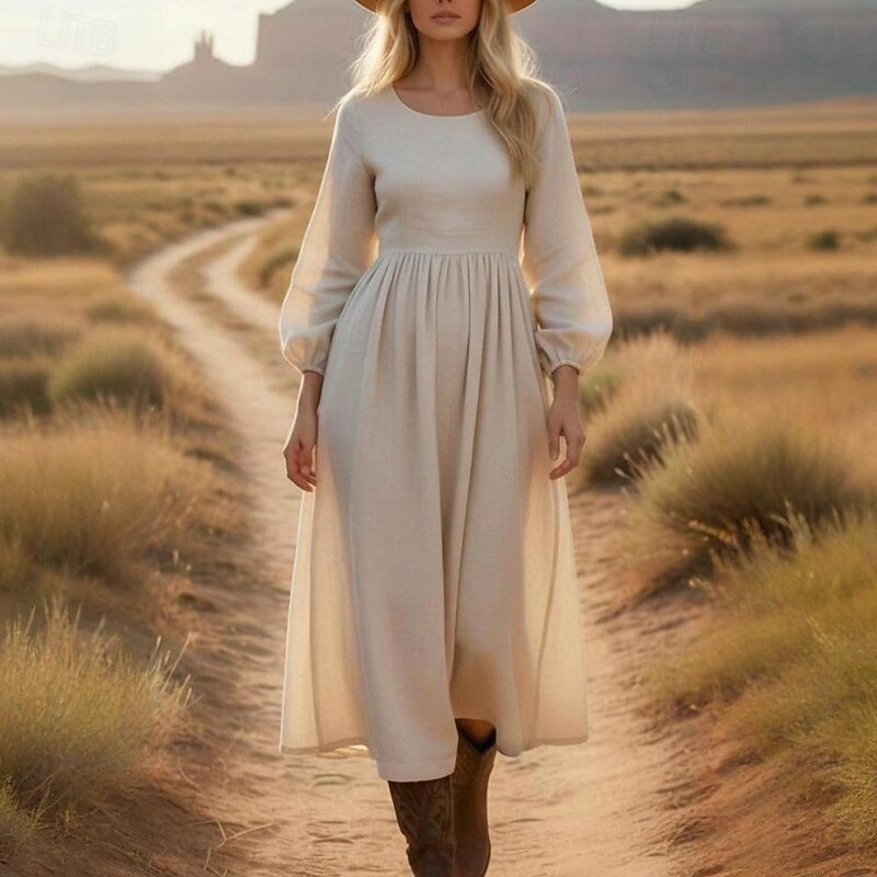 Women's Midi Dress Cotton Linen Dresses Shift Dress Kaftan Dress Fashion  Modern Daily Vacation Going out Regular Fit Plain Long Sleeve Crew Neck Khaki  Summer Spring 2026 - $31.99
